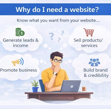Business owner in Bhopal thinking about why they need a website, illustrating goals like generating