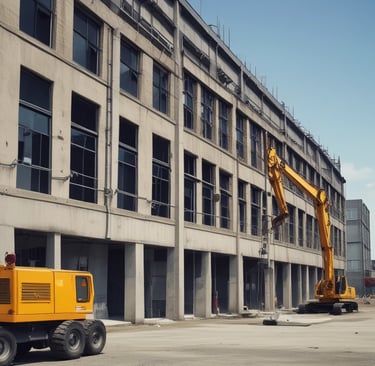 Industrial building exterior with construction equipment and clear sky background