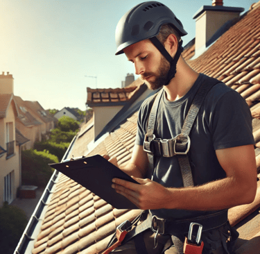 Couvreur professionnel inspectant un toit en tuiles endommagé avec un presse-papiers à la main