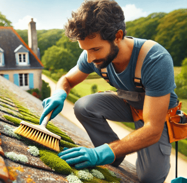 Couvreur nettoyant minutieusement la mousse et le lichen d'un toit en tuiles à l'aide d'une brosse.