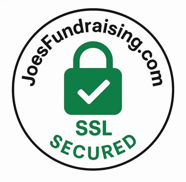 Circular badge displaying “JoesFundraising.com SSL Secured” with a green padlock icon, indicating the website is protected