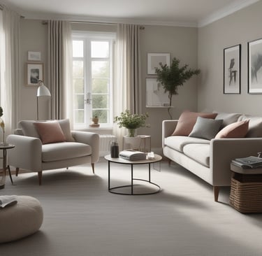 A tidy living room showcasing spotless carpets and furniture.