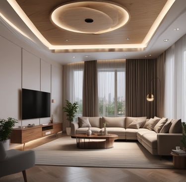 A minimalist interior design features soft pink and purple tones, showcasing a potted purple tree under an archway. Modern furniture, including woven chairs and a circular rug, complement the style. Light creates gentle shadows, enhancing the pastel aesthetic.