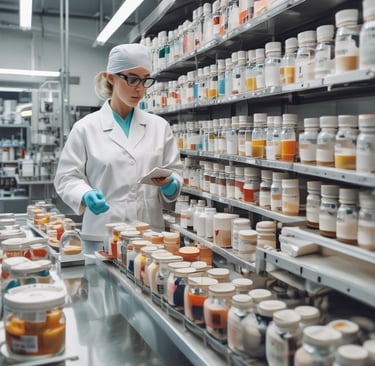 A healthcare professional examining medical supplies in a logistics warehouse.