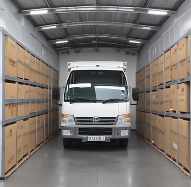 A delivery truck loaded with medical equipment parked outside a hospital.