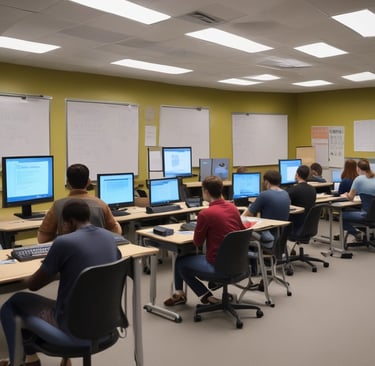 An instructor demonstrating a skill to attentive students in a bright classroom.