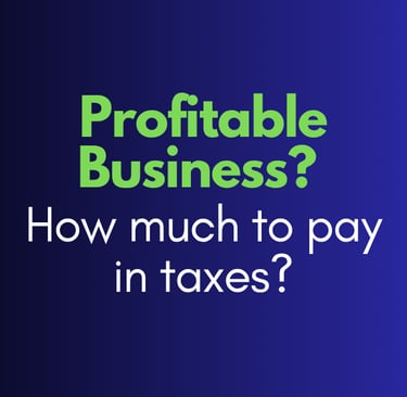 Text graphic asking how much a profitable business pays in taxes against a blue gradient background.