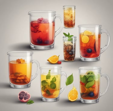 An assortment of laboratory glassware filled with various beverages.