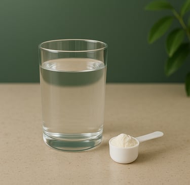glass of water and creatine scoop, showing clean and simple women’s wellness setup