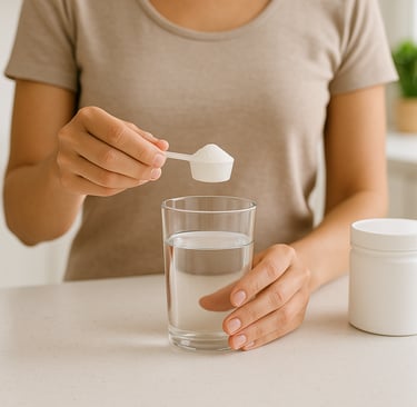 Woman mixing creatine supplement into a glass of water on bright kitchen counter for daily wellness