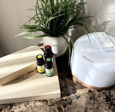 Essential oil diffuser with oils on a nightstand beside a green plant creating calm bedtime setting