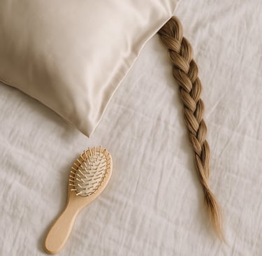 silk pillowcase with braid and wooden hairbrush on bed to reduce friction and hair breakage