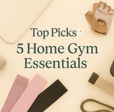 Flat lay of five home gym essentials including a mat, dumbbells, bands, gloves, and a bench.