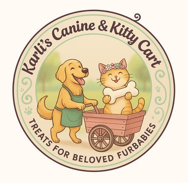 a dog pushing a cart with kitty in it holding a dog bone
