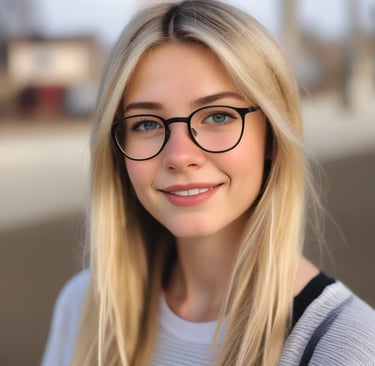 a young lady with blonde hair and glasses