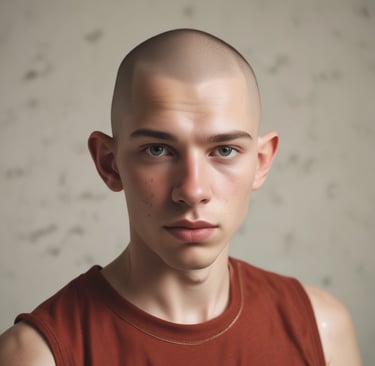 a young man with a shaved head