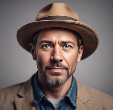 a middle aged man with brown hair wearing a hat