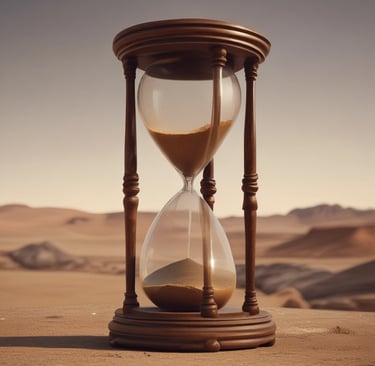 clear hour glass on table with warmer tones for the background