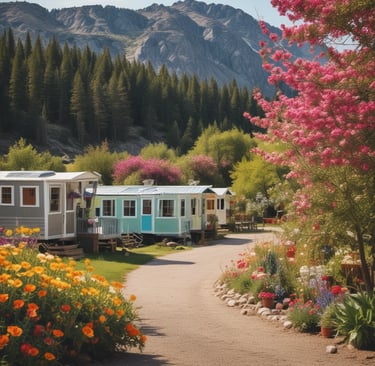 Small houses are nestled among lush trees at the base of a towering rocky mountain. The scene is bordered by a tranquil lake in the foreground, reflecting the natural beauty and diversity of the landscape.