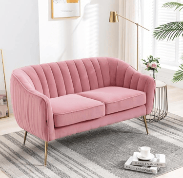 pink velvet sofa with seating for two people