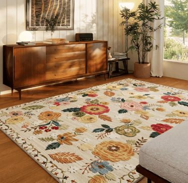 large floral cream color rug filled with colorful zinna flowers and green leaves