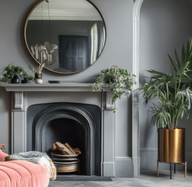 A chic living room features a pink sofa, elegant decor, and large windows bringing in natural light.