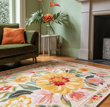 big colorful floral rug paired with green velvet sofa in a room full of soft green pallettes