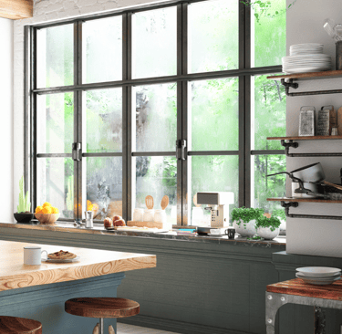 farmhouse kitchen with large panel windows and accents with architectural aesthetics