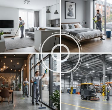 Equipa profissional de limpeza da Inforshine equipada com materiais e uniformes identificativos