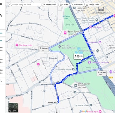 Map showing walking routes from Upper Hill, Nairobi, to the Central Business District. The highlight