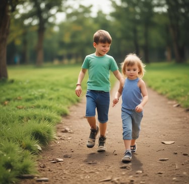two children walking down a path in a park