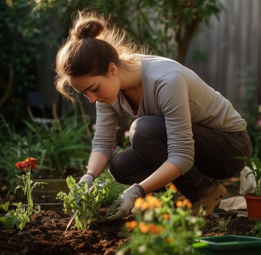 a woman is kneeling down to plant a potted plant tuinaanleg