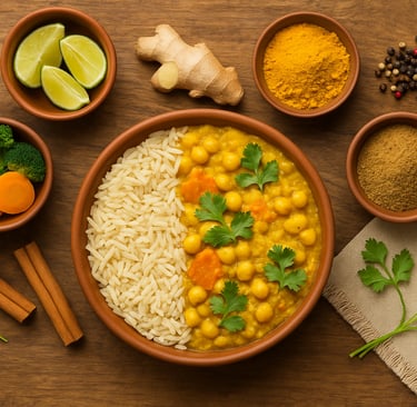 Plato ayurvédico equilibrado con alimentos frescos y especias adaptados a cada dosha