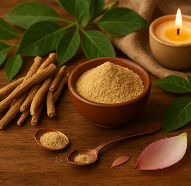 Polvo y raíces de Ashwagandha sobre mesa natural, con elementos ayurvédicos. Planta medicinal adaptógena usada en Ayurveda pa