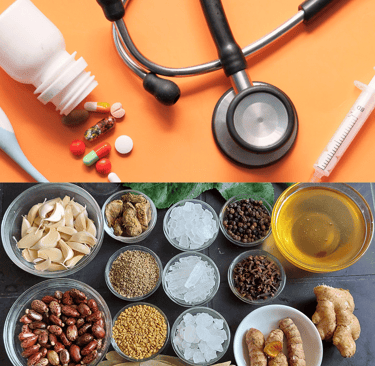 Ilustración que representa la diferencia entre medicina convencional y Ayurveda en el tratamiento de trastornos digestivos.