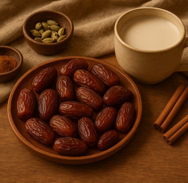 Dátiles en un plato de madera acompañados de especias ayurvédicas y leche vegetal, ideal para nutrición Vata.
