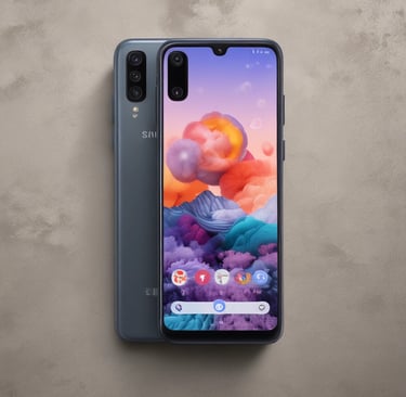 A black mobile phone with the brand name visible lies on a textured grey knitted fabric, partially wrapped and casting soft shadows.