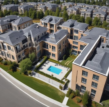 A waterfront scene featuring two large, modern houses with spacious terraces facing a calm body of water. The houses have palm trees nearby, adding a tropical feel to the environment. The sky is clear and blue, and the water reflects the buildings and the sky.