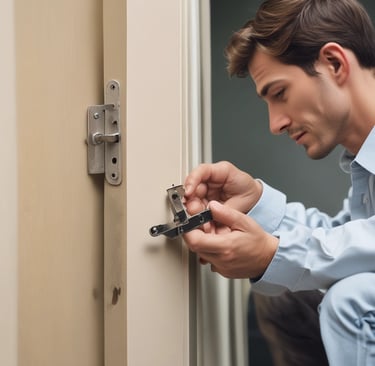 Un hombre está montando una bisagra a una puerta. Viste con ropa de trabajo blanca.
