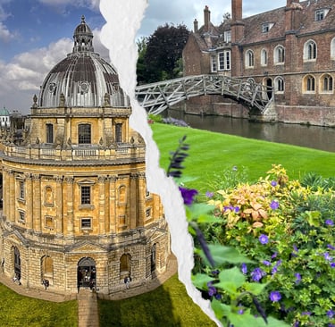 Imagen dividida en la que se ven la Radcliffe Camera de Oxford y el Puente Matemático de Cambridge.