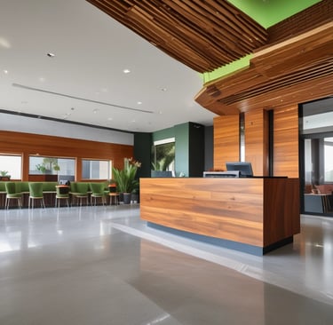 An architectural interior showcasing a modern, angular design with wooden slats that create a dynamic pattern. The ceiling features large, geometric skylights that allow natural light to stream in, adding contrast to the darker wooden tones.