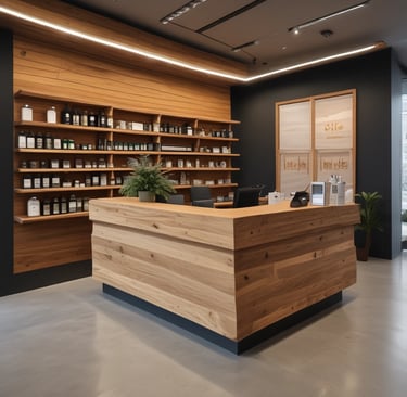 The image features modern architectural design with multiple levels of wooden slatted panels forming a staircase. The interior is spacious with large windows allowing natural light to illuminate the area. The wooden textures create a warm atmosphere, and the open layout presents a clean, minimalist style.