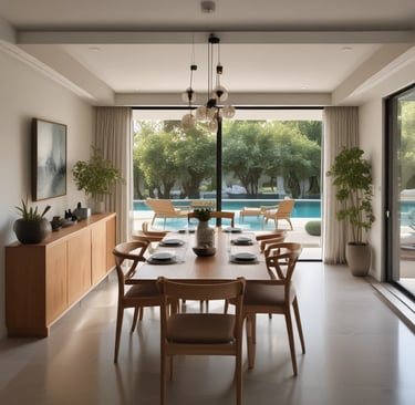 A luxurious and sophisticated interior space featuring elegant dining tables and chairs with black upholstery and wooden accents. The walls have a reflective, geometric design with intricate, illuminated floral decorations. The floor showcases a polished, patterned surface, contributing to the high-end atmosphere.