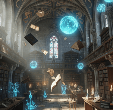a surrealistic medieval library