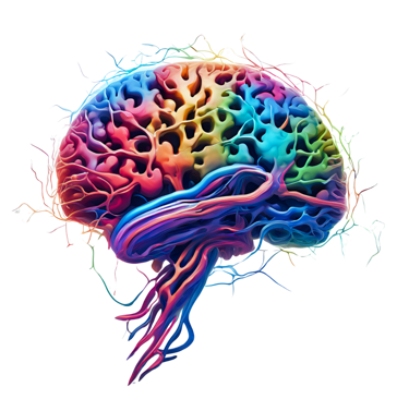 Imagem artística de cérebro humano com cores vibrantes,destacando conexões e rede neural complexa.