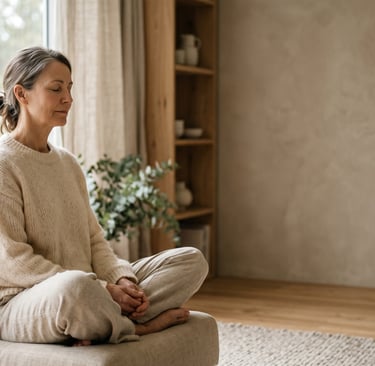 A mature woman practicing mindfulness meditation while sitting cross-legged on a chair in a bright, calm room.