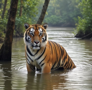 A flowing river surrounded by lush green mountains under a partially cloudy sky. A small temple structure with a dome and red flag is situated on the rocky banks, alongside several buildings. A suspended cable car chair hangs over the river, suggesting transport or scenic viewing.