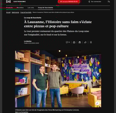 Article du journal 24 Heures sur le restaurant Histoire Sans Faim à Lausanne, mettant en avant l’originalité du lieu et des p
