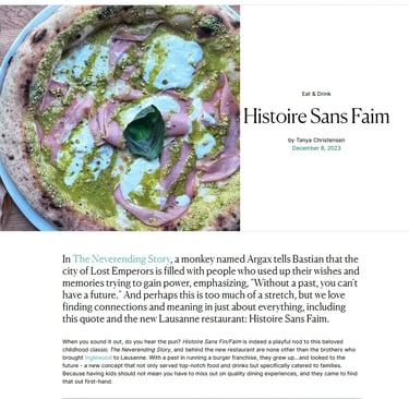 Article du Lausanne Guide sur le restaurant Histoire Sans Faim à Lausanne avec photo de pizza mortadella pistache
