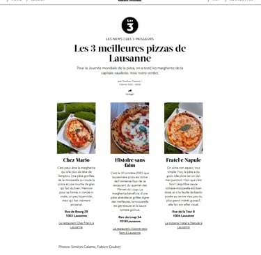 Article Gault & Millau : Histoire Sans Faim classé parmi les 3 meilleures pizzas de Lausanne